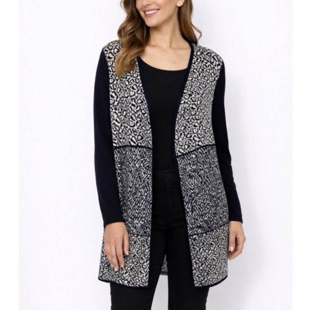 Laura Ashley Women's Black Ivory Animal Print Open Front LS Long Cardigan Sz 2X